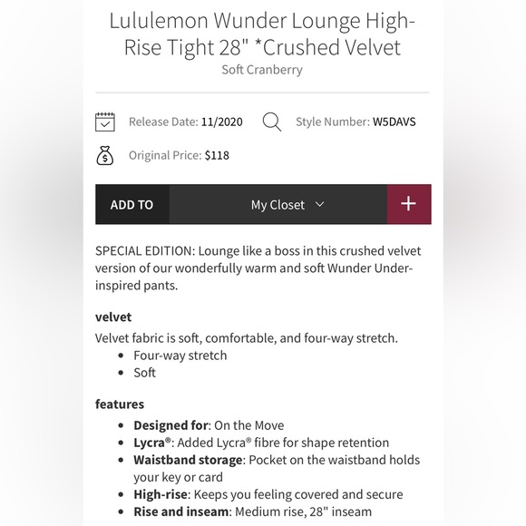 lululemon | size 4 crushed velvet Wunder  28" HR tight in Soft Cranberry - Picture 4 of 9